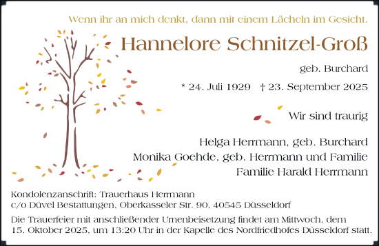 Traueranzeige von Hannelore Schnitzel-Groß von Rheinische Post