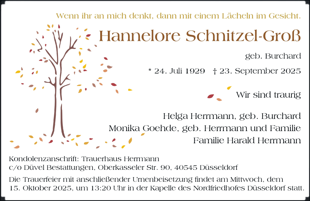  Traueranzeige für Hannelore Schnitzel-Groß vom 27.09.2025 aus Rheinische Post