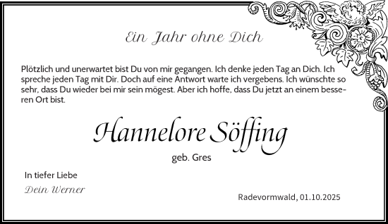 Traueranzeige von Hannelore Söffing von Rheinische Post