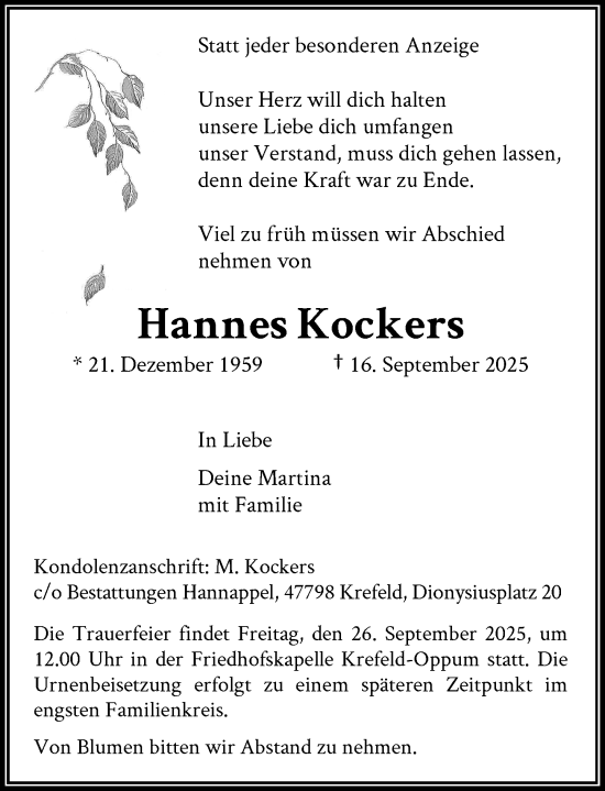 Traueranzeige von Hannes Kockers von Rheinische Post
