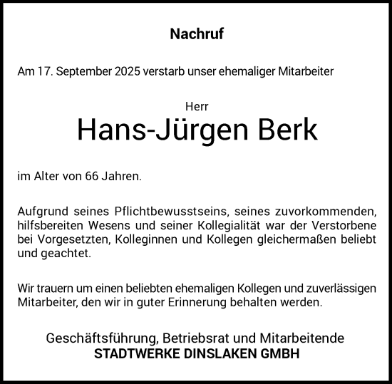 Traueranzeige von Hans-Jürgen Berk von Rheinische Post