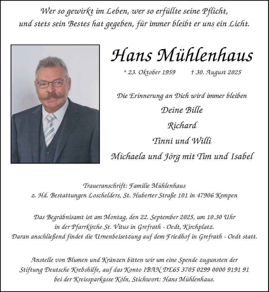  Traueranzeige für Hans Mühlenhaus vom 13.09.2025 aus Rheinische Post