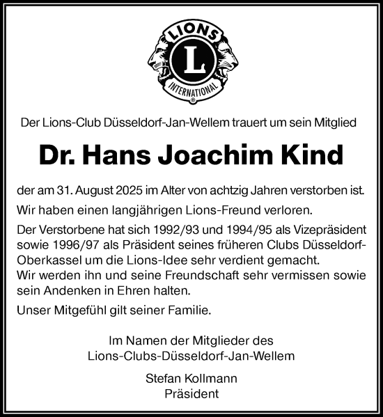 Traueranzeige von Hans Joachim Kind von Rheinische Post