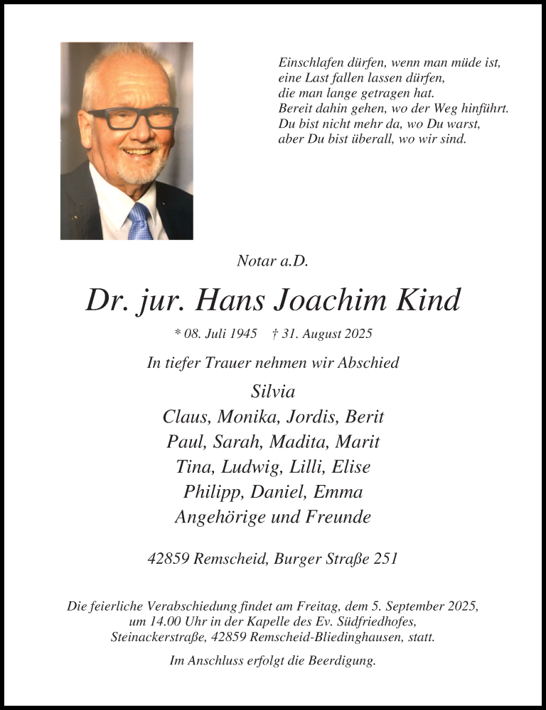  Traueranzeige für Hans Joachim Kind vom 04.09.2025 aus Rheinische Post
