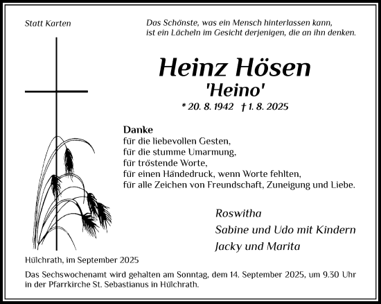 Traueranzeige von Heinz Hösen von Rheinische Post
