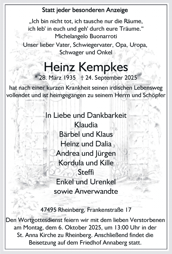 Traueranzeige von Heinz Kempkes von Rheinische Post