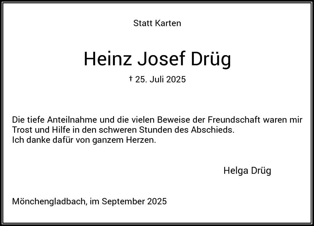  Traueranzeige für Heinz Josef Drüg vom 06.09.2025 aus Rheinische Post