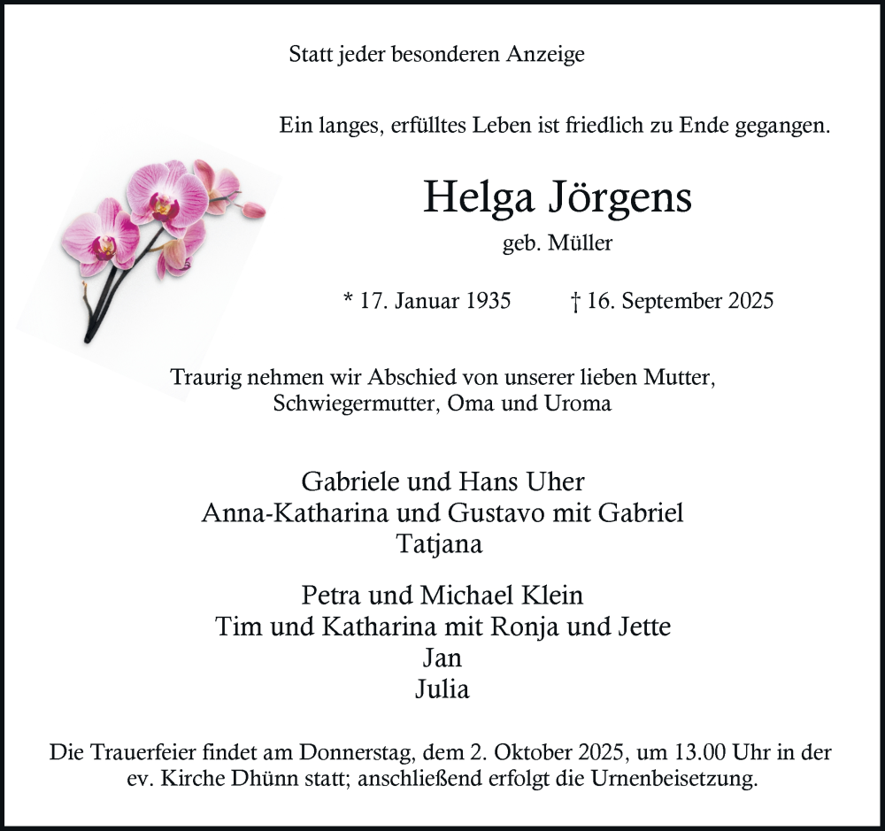  Traueranzeige für Helga Jörgens vom 27.09.2025 aus Rheinische Post