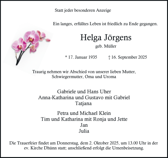 Traueranzeige von Helga Jörgens von Rheinische Post