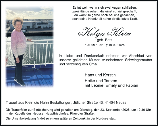 Traueranzeige von Helga Klein von Rheinische Post