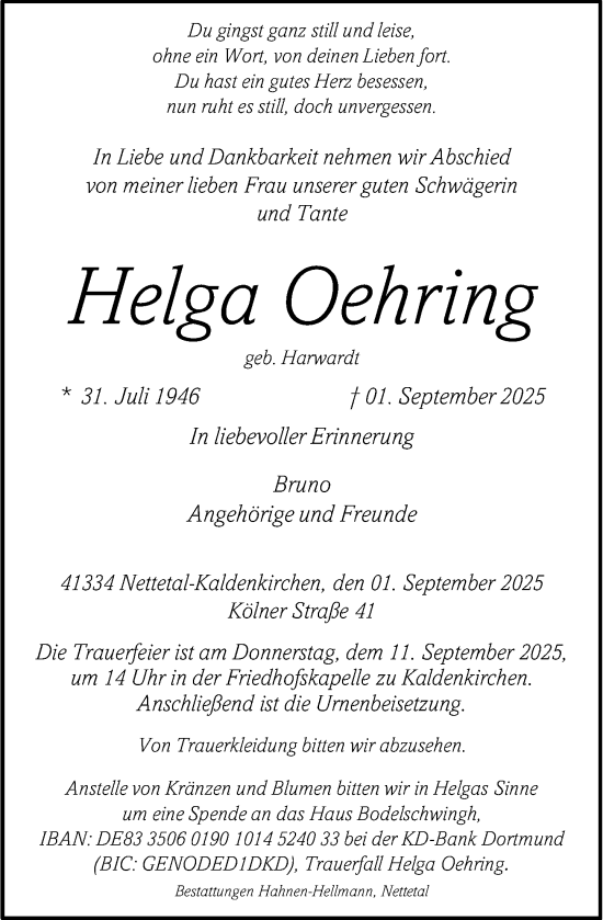 Traueranzeige von Helga Oehring von Rheinische Post