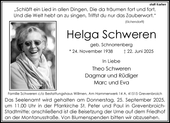 Traueranzeige von Helga Schweren von Rheinische Post