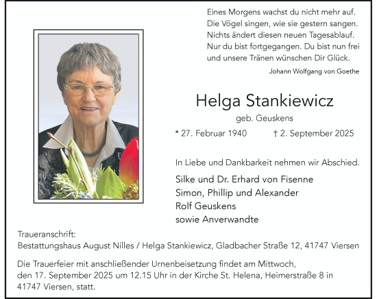 Traueranzeige von Helga Stankiewicz von Rheinische Post