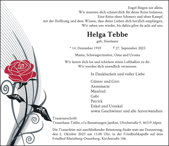Traueranzeige von Helga Tebbe von Rheinische Post