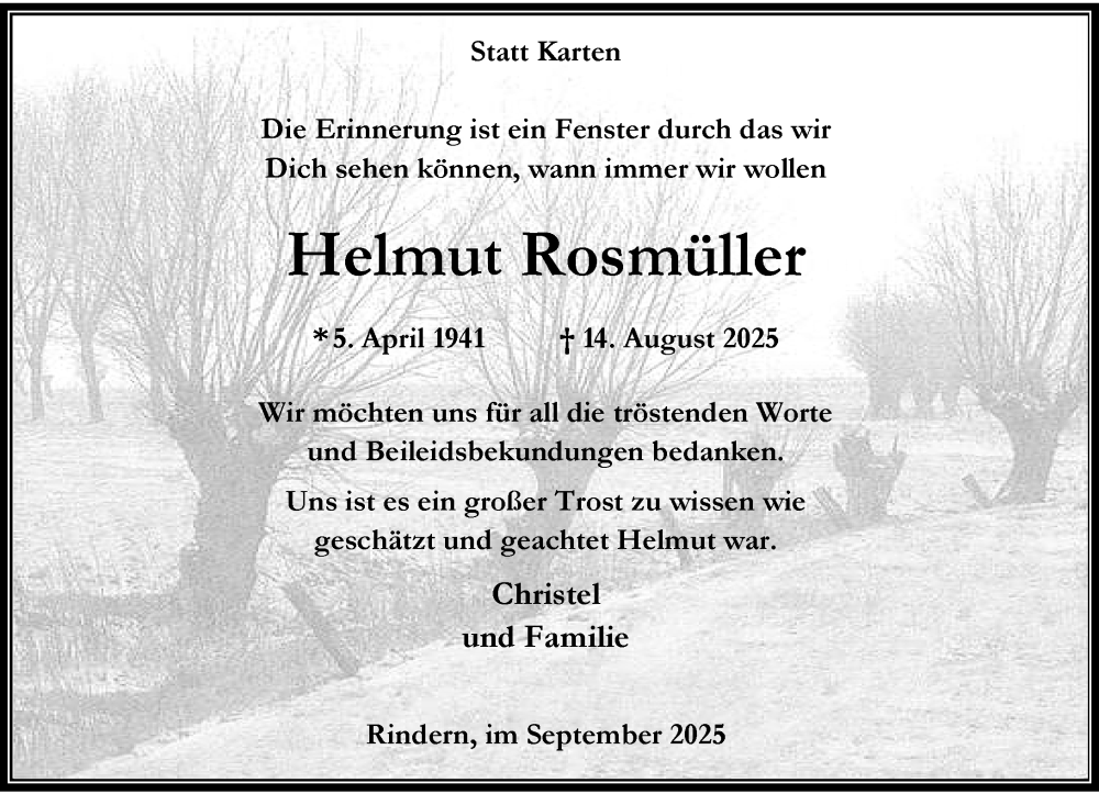  Traueranzeige für Helmut Rosmüller vom 27.09.2025 aus Rheinische Post