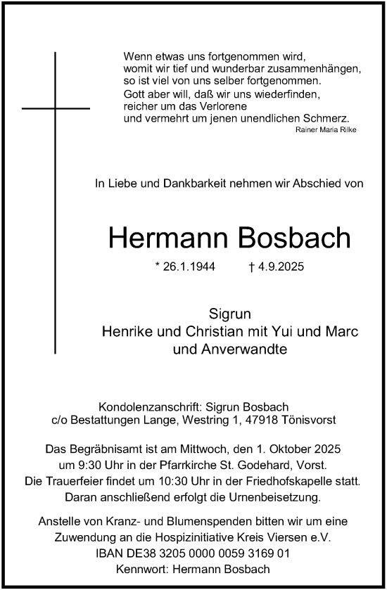 Traueranzeige von Hermann Bosbach von Rheinische Post