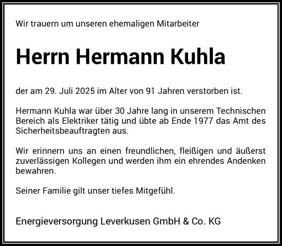 Traueranzeige von Hermann Kuhla von Rheinische Post