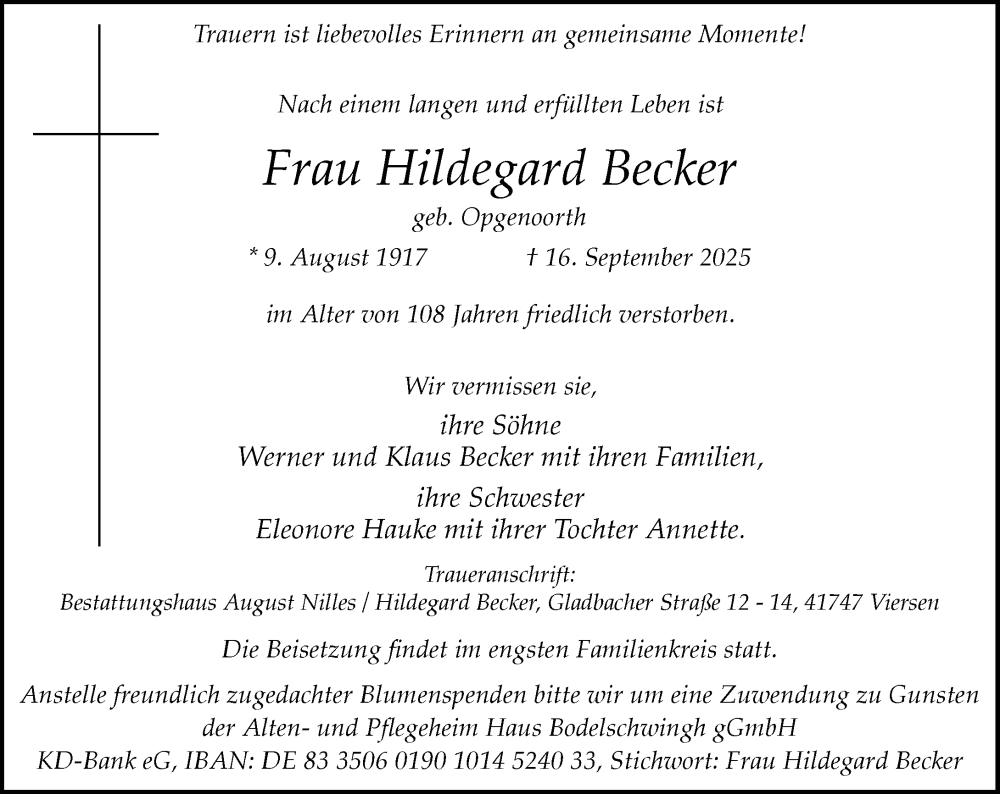  Traueranzeige für Hildegard Becker vom 27.09.2025 aus Rheinische Post