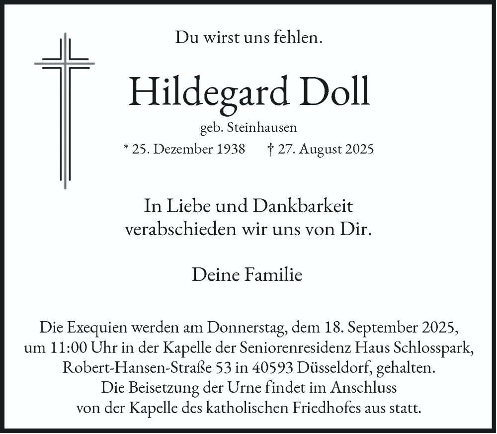  Traueranzeige für Hildegard Doll vom 06.09.2025 aus Rheinische Post