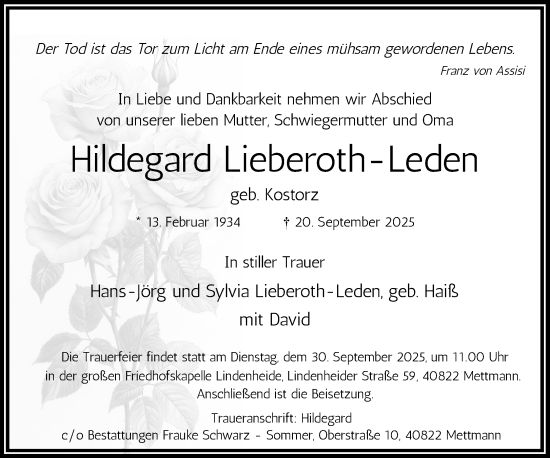 Traueranzeige von Hildegard Lieberoth-Leden von Rheinische Post