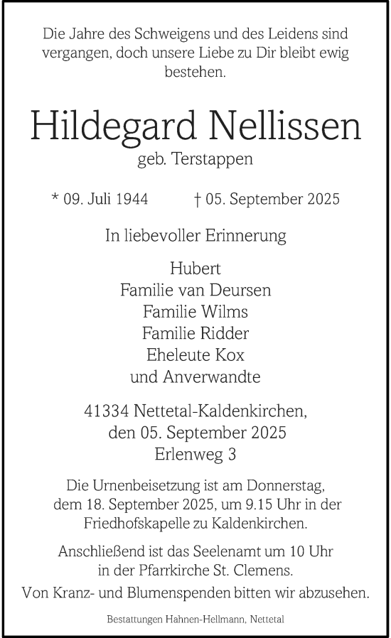 Traueranzeige von Hildegard Nellissen von Rheinische Post