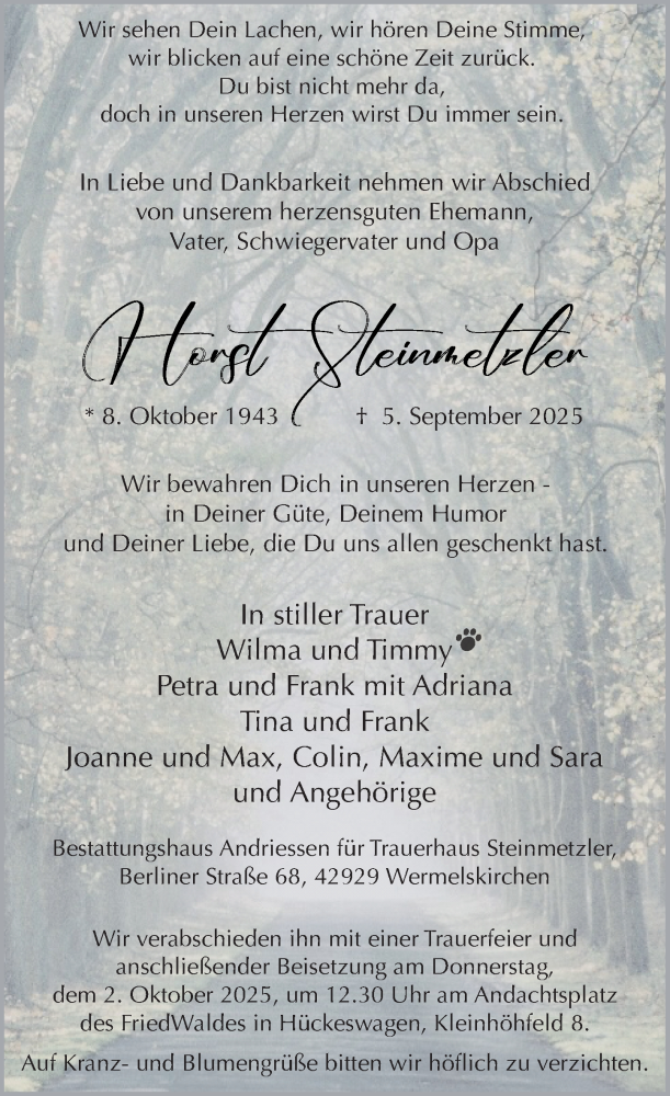  Traueranzeige für Horst Steinmetzler vom 20.09.2025 aus Rheinische Post
