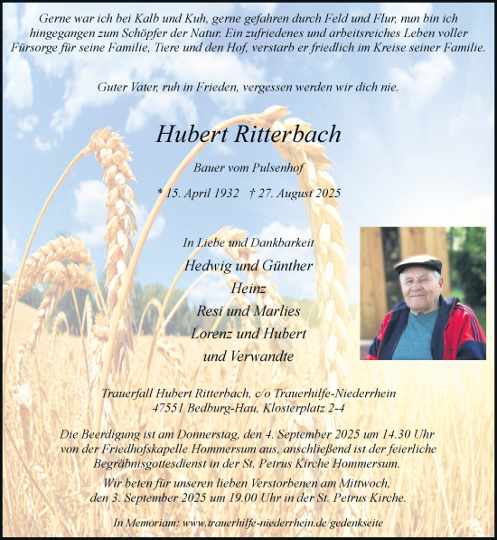Traueranzeige von Hubert Ritterbach von Rheinische Post