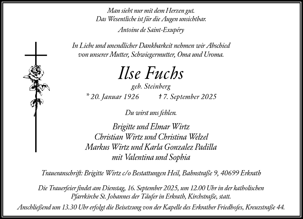  Traueranzeige für Ilse Fuchs vom 13.09.2025 aus Rheinische Post