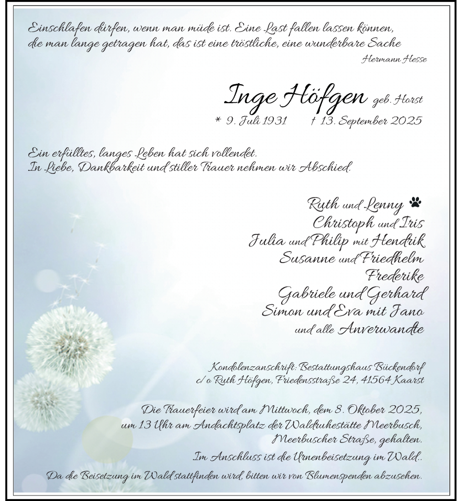  Traueranzeige für Inge Höfgen vom 27.09.2025 aus Rheinische Post