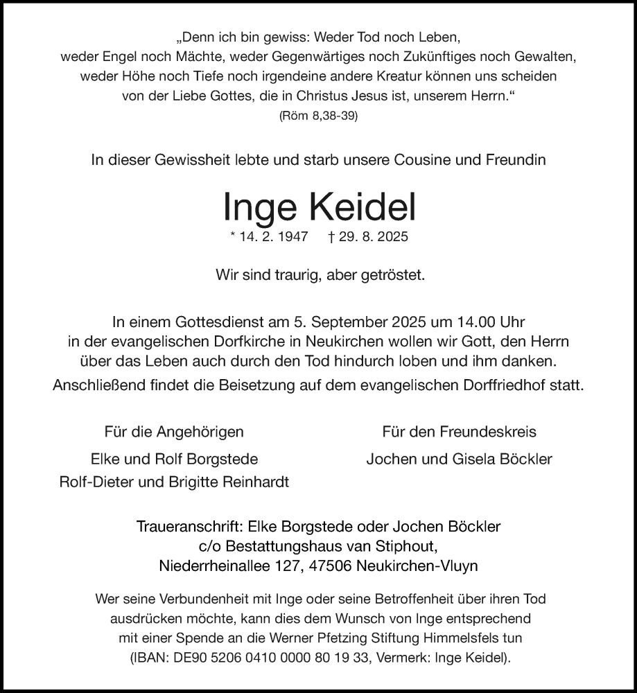  Traueranzeige für Inge Keidel vom 03.09.2025 aus Rheinische Post