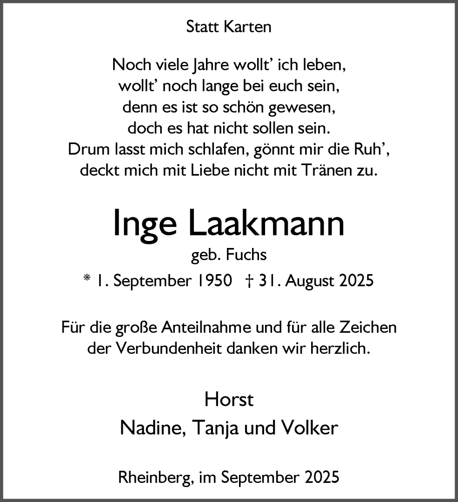  Traueranzeige für Inge Laakmann vom 27.09.2025 aus Rheinische Post