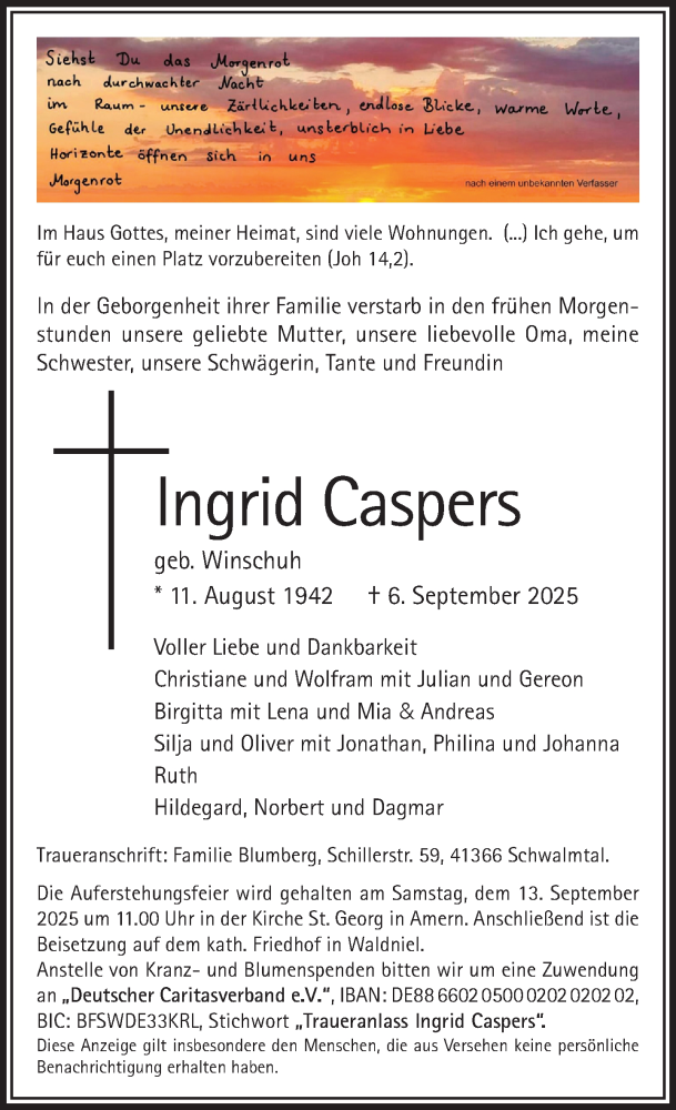  Traueranzeige für Ingrid Caspers vom 10.09.2025 aus Rheinische Post