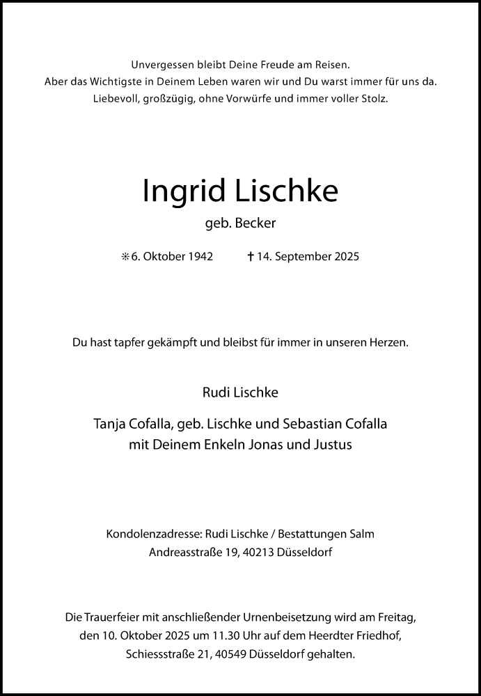  Traueranzeige für Ingrid Lischke vom 27.09.2025 aus Rheinische Post