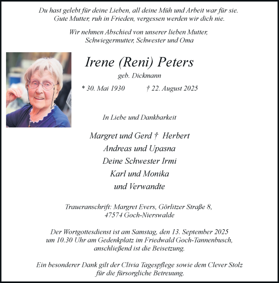 Traueranzeige von Irene Peters von Rheinische Post