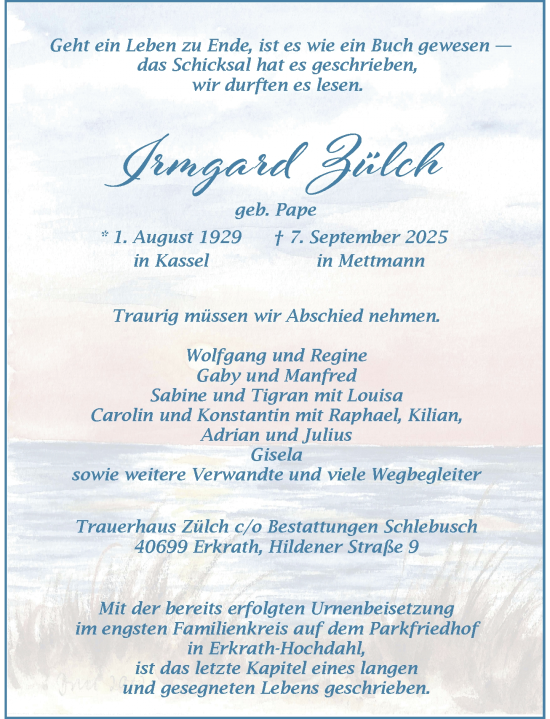 Traueranzeige von Irmgard Zülch von Rheinische Post