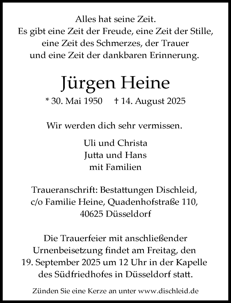  Traueranzeige für Jürgen Heine vom 13.09.2025 aus Rheinische Post