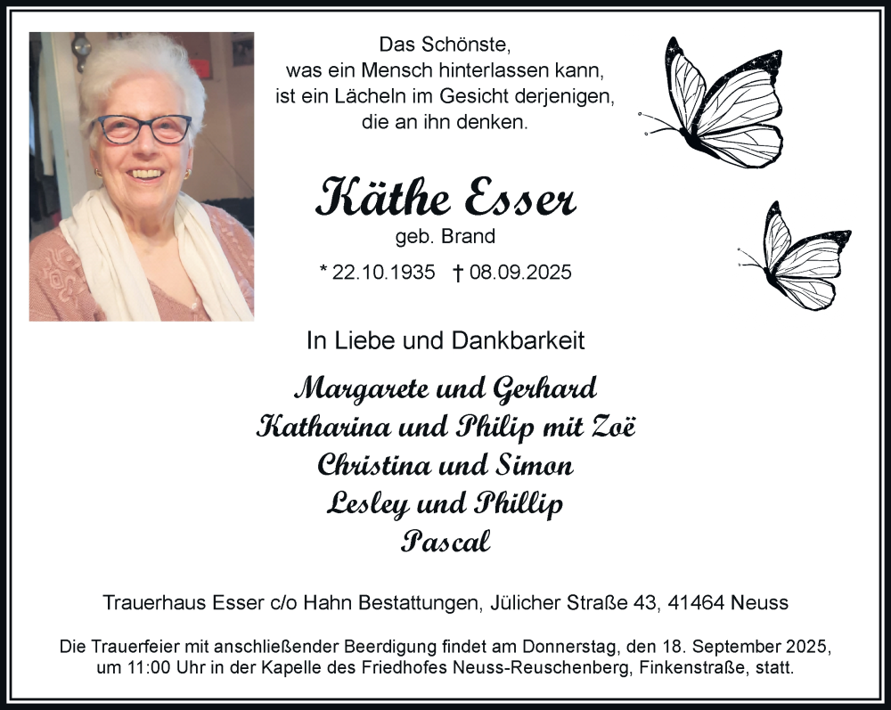  Traueranzeige für Käthe Esser vom 13.09.2025 aus Rheinische Post