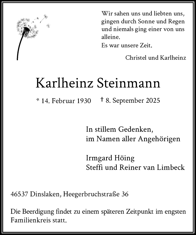  Traueranzeige für Karlheinz Steinmann vom 20.09.2025 aus Rheinische Post