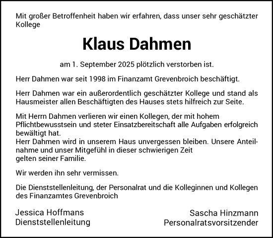 Traueranzeige von Klaus Dahmen von Rheinische Post
