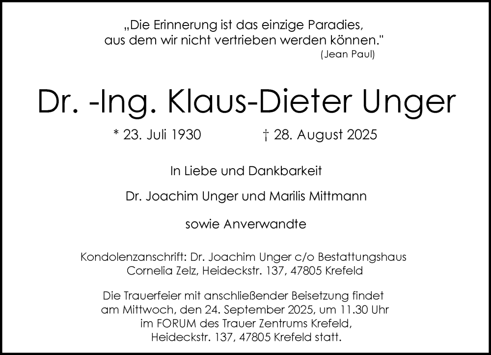  Traueranzeige für Klaus-Dieter Unger vom 06.09.2025 aus Rheinische Post