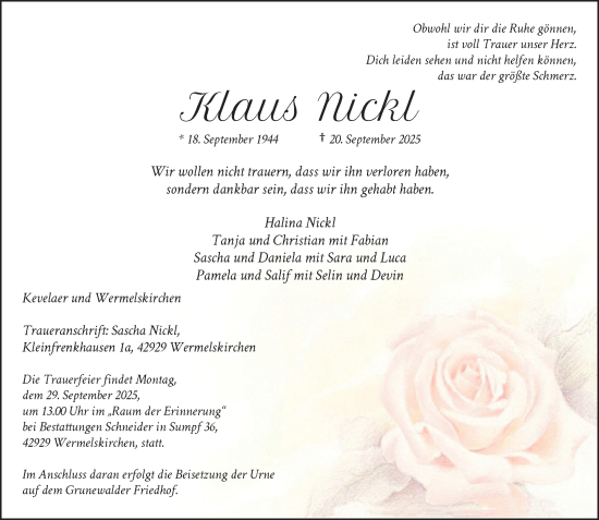 Traueranzeige von Klaus Nickl von Rheinische Post
