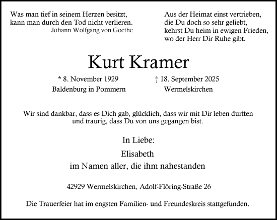 Traueranzeige von Kurt Kramer von Rheinische Post