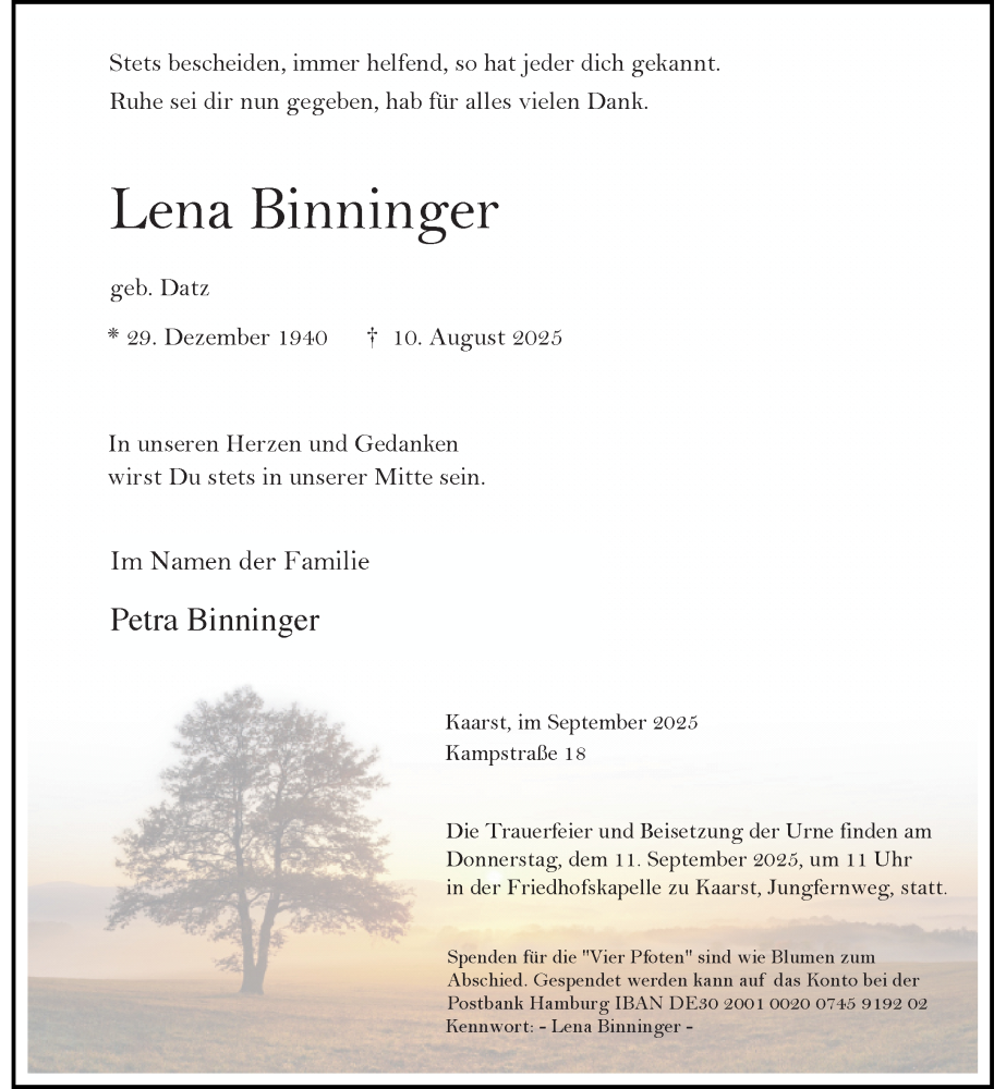  Traueranzeige für Lena Binninger vom 06.09.2025 aus Rheinische Post