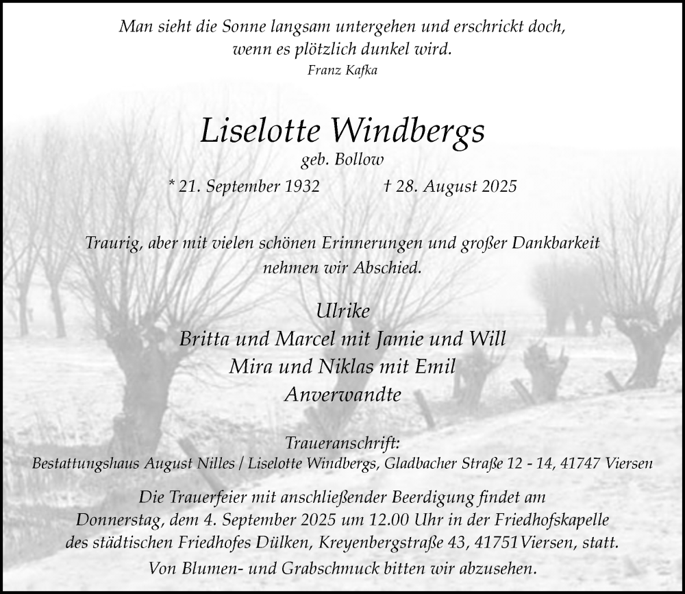  Traueranzeige für Liselotte Windbergs vom 02.09.2025 aus Rheinische Post