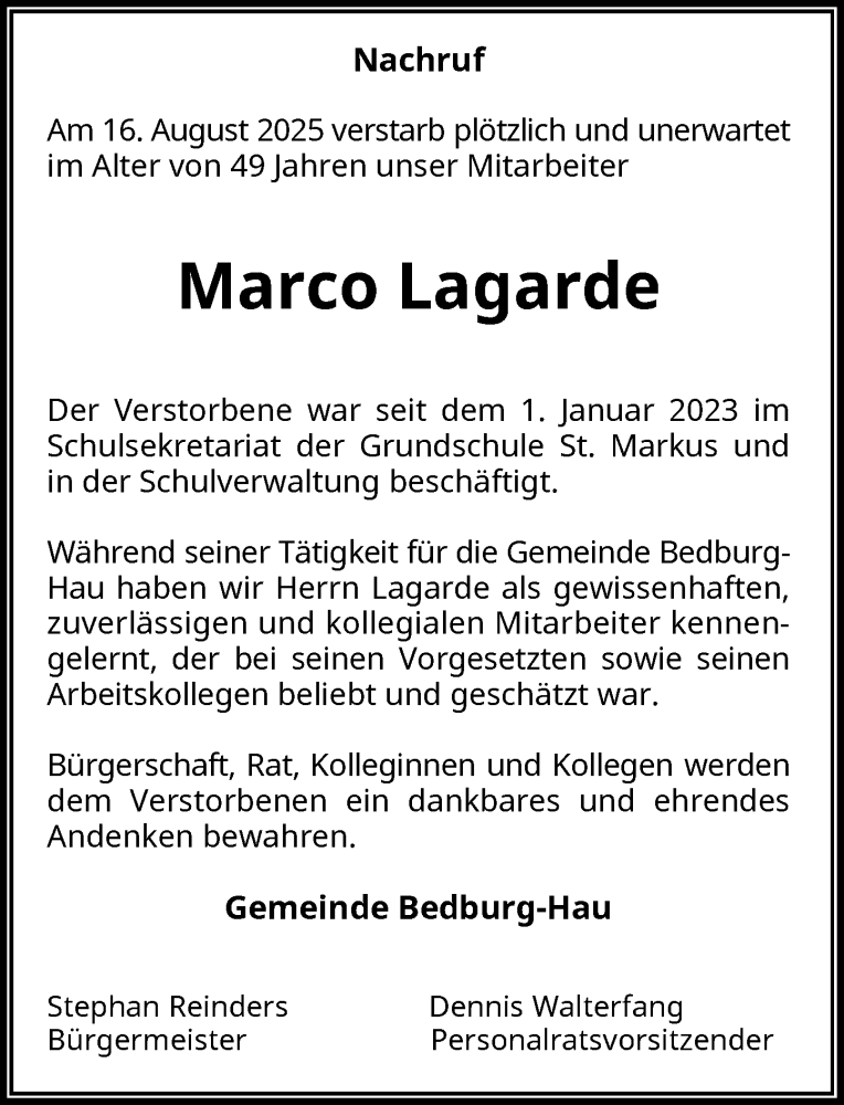  Traueranzeige für Marco Lagarde vom 05.09.2025 aus Rheinische Post