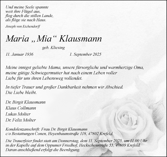 Traueranzeige von Maria Klausmann von Rheinische Post