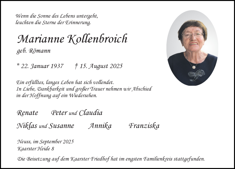  Traueranzeige für Marianne Kollenbroich vom 06.09.2025 aus Rheinische Post