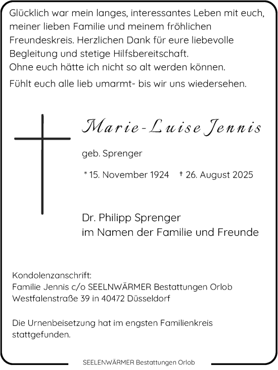 Traueranzeige von Marie-Louise Jennis von Rheinische Post