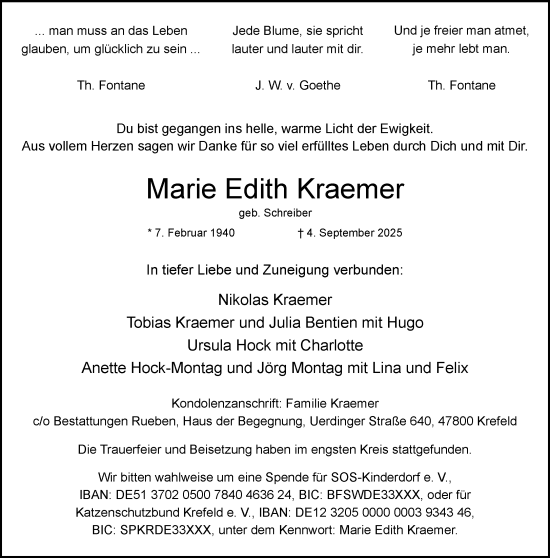 Traueranzeige von Marie Edith Kraemer von Rheinische Post