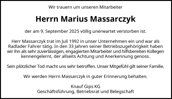 Traueranzeige von Marius Massarczyk von Rheinische Post